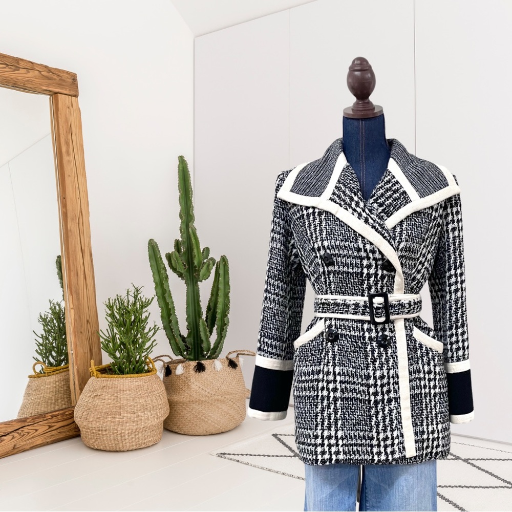 Lavender & Honey Plaid Belted Shawl Collar Jacket